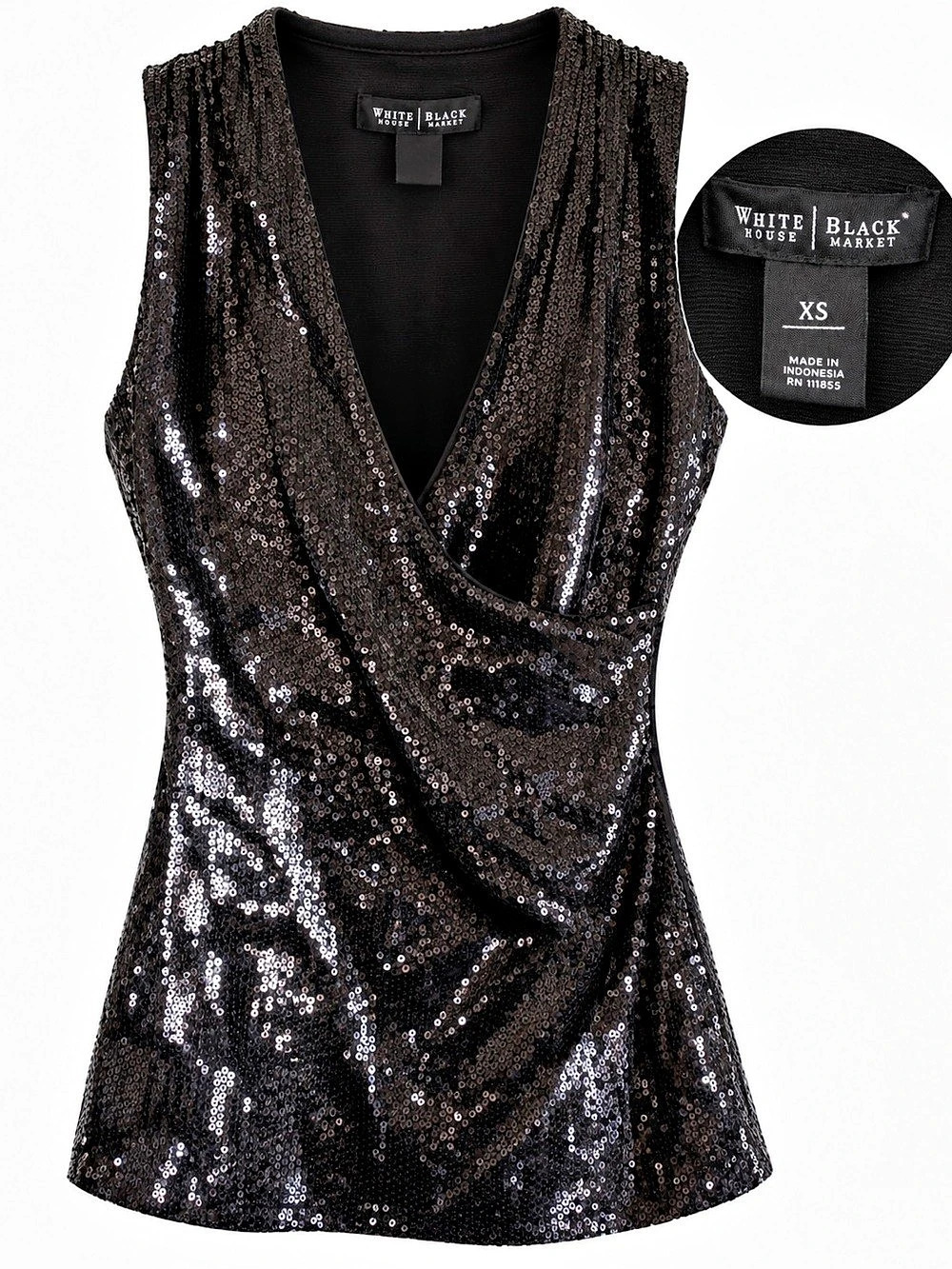 White House Black Market Sequin Surplice Sleeveless Top Black XS